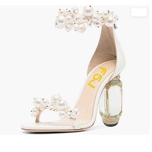 FSJ Ivory Pearl Open Toe Ankle Strap Chunky Crystal High Heels Prom Sandal.